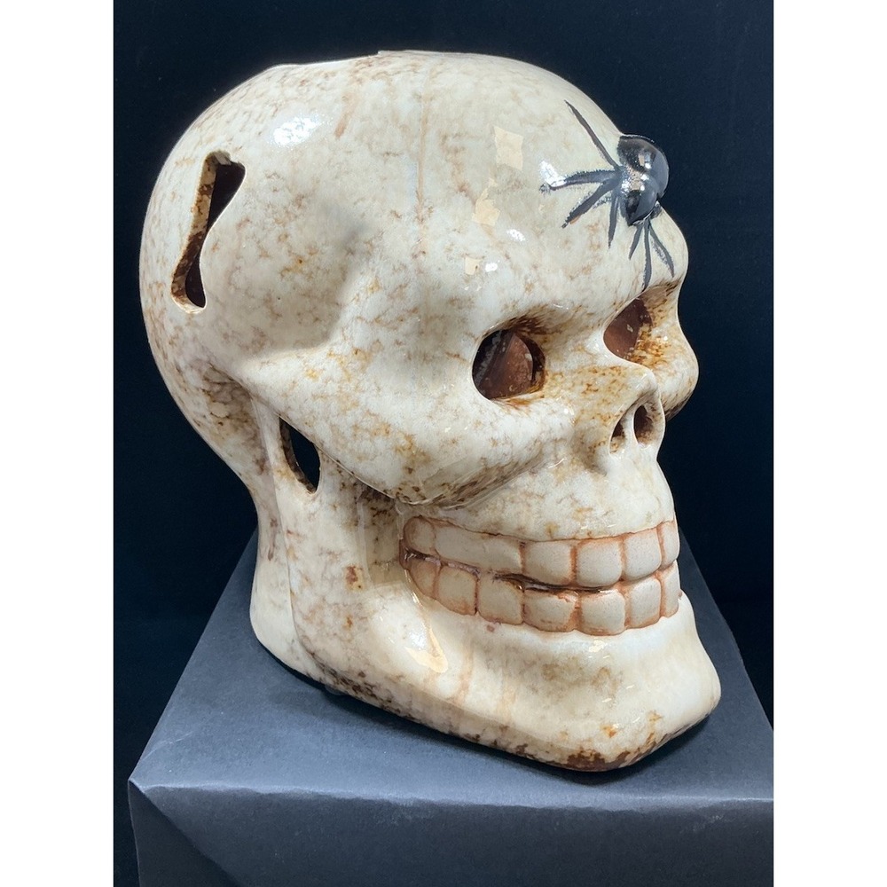 Ceramic Skull Candle Holder Halloween Decor Spider Bat Cutouts Mottled Glaze - Picture 2 of 10
